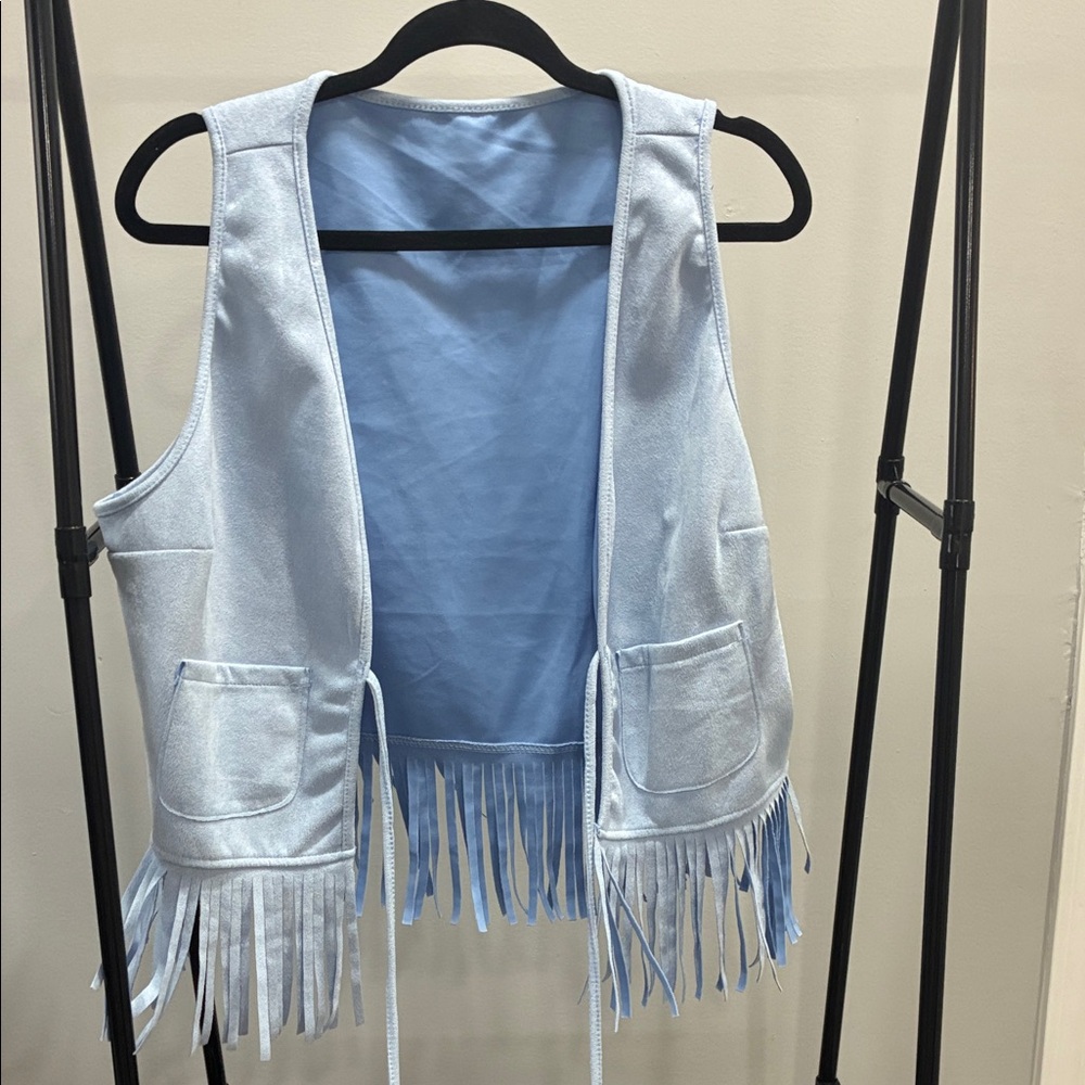 Light Blue Faux Suede Fringe Vest